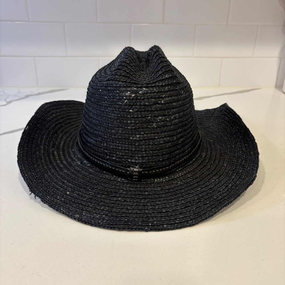 Free People Black Straw Cowboy Hat Western Boho Festival Wide Brim One Size